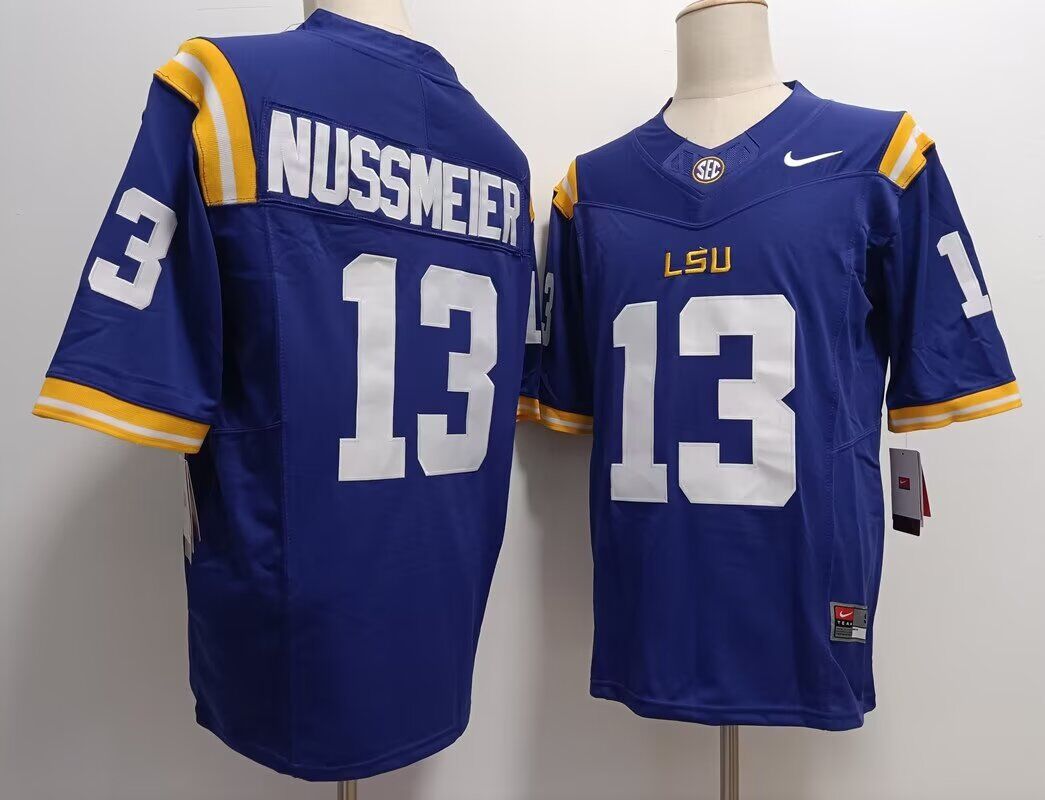 NCAA Men LSU Tigers13 Garrett Nussmeier blue jerseys->->